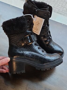 Geox Size EU 35 US 5 Black Leather Faux-fur Heeled Ankle Boots NEW
